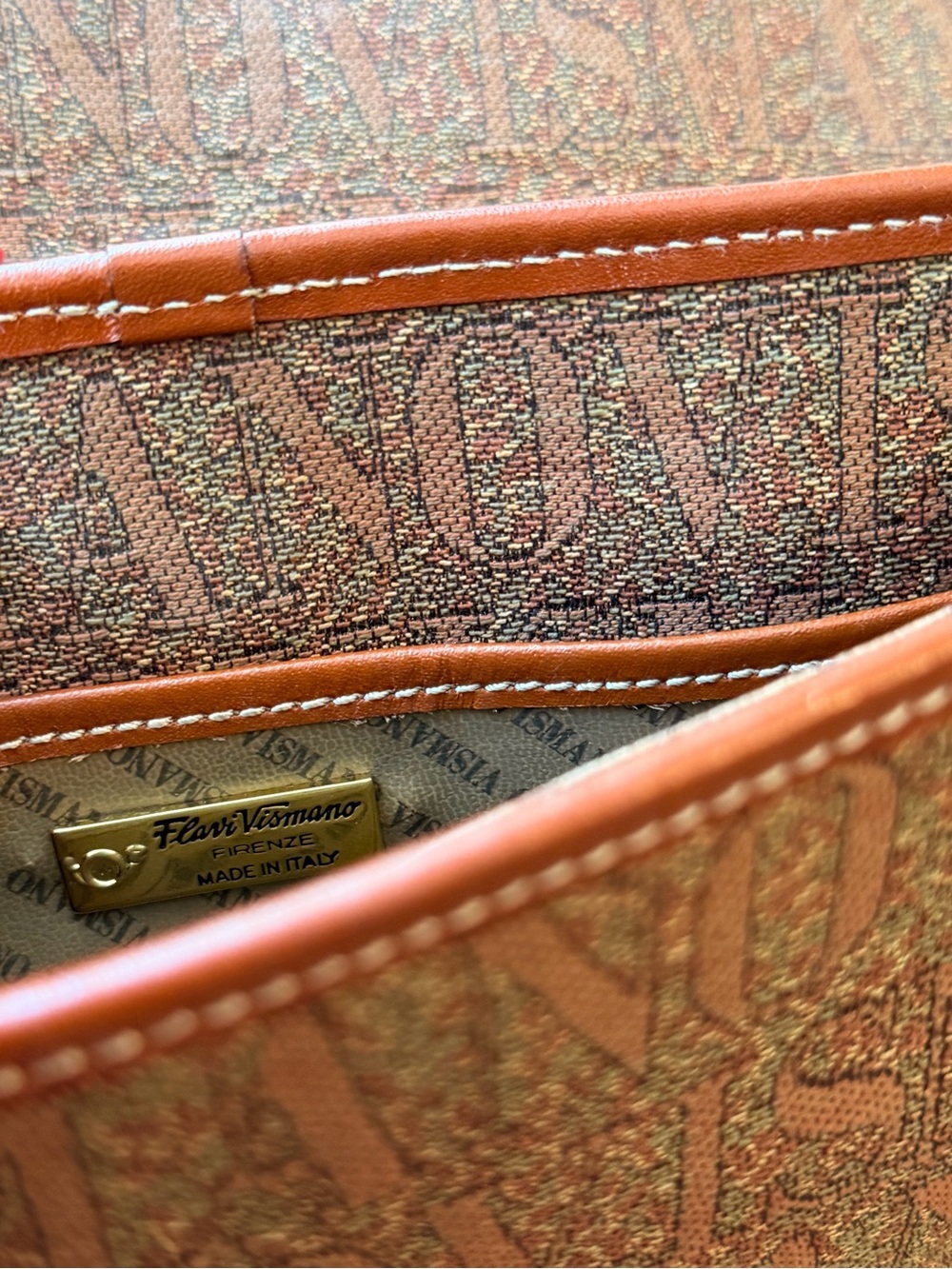 Flori Vismano Made In Italy Monogram Crossbody Bag Brown Leather Trim Y2K - Picture 3 of 10